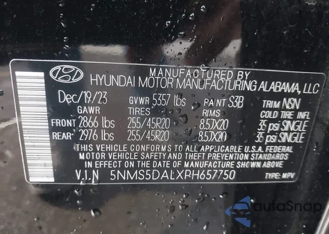 2023 Hyundai Santa Fe Calligraphy z USA, uszkodzony, nr VIN 5NMS5DALXPH657750